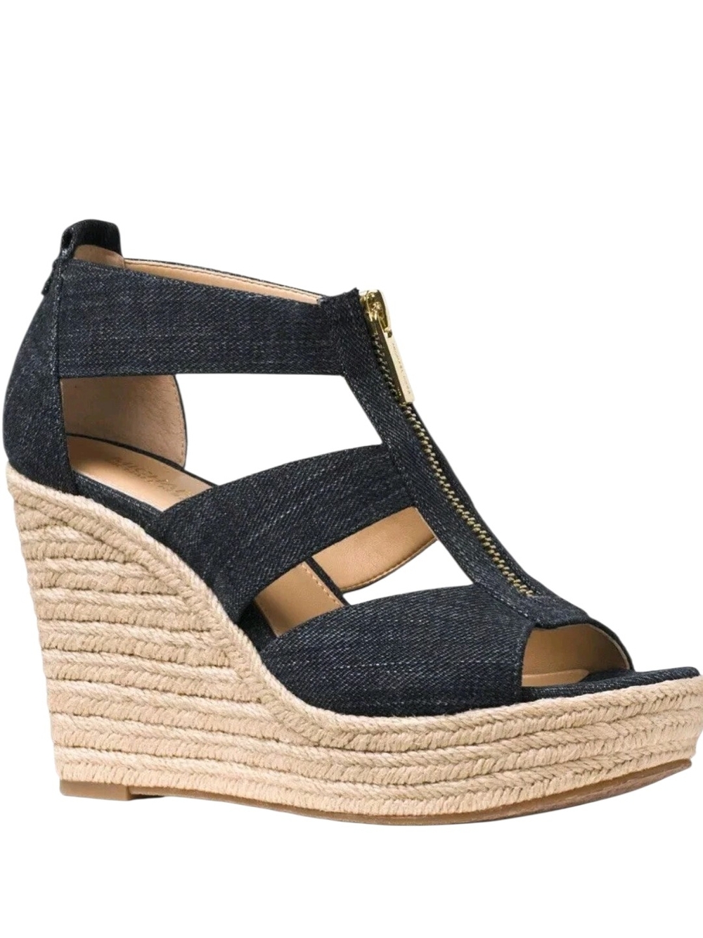 Michael Kors Dark Denim Espadrille Wedge Sandals with Gold Zip